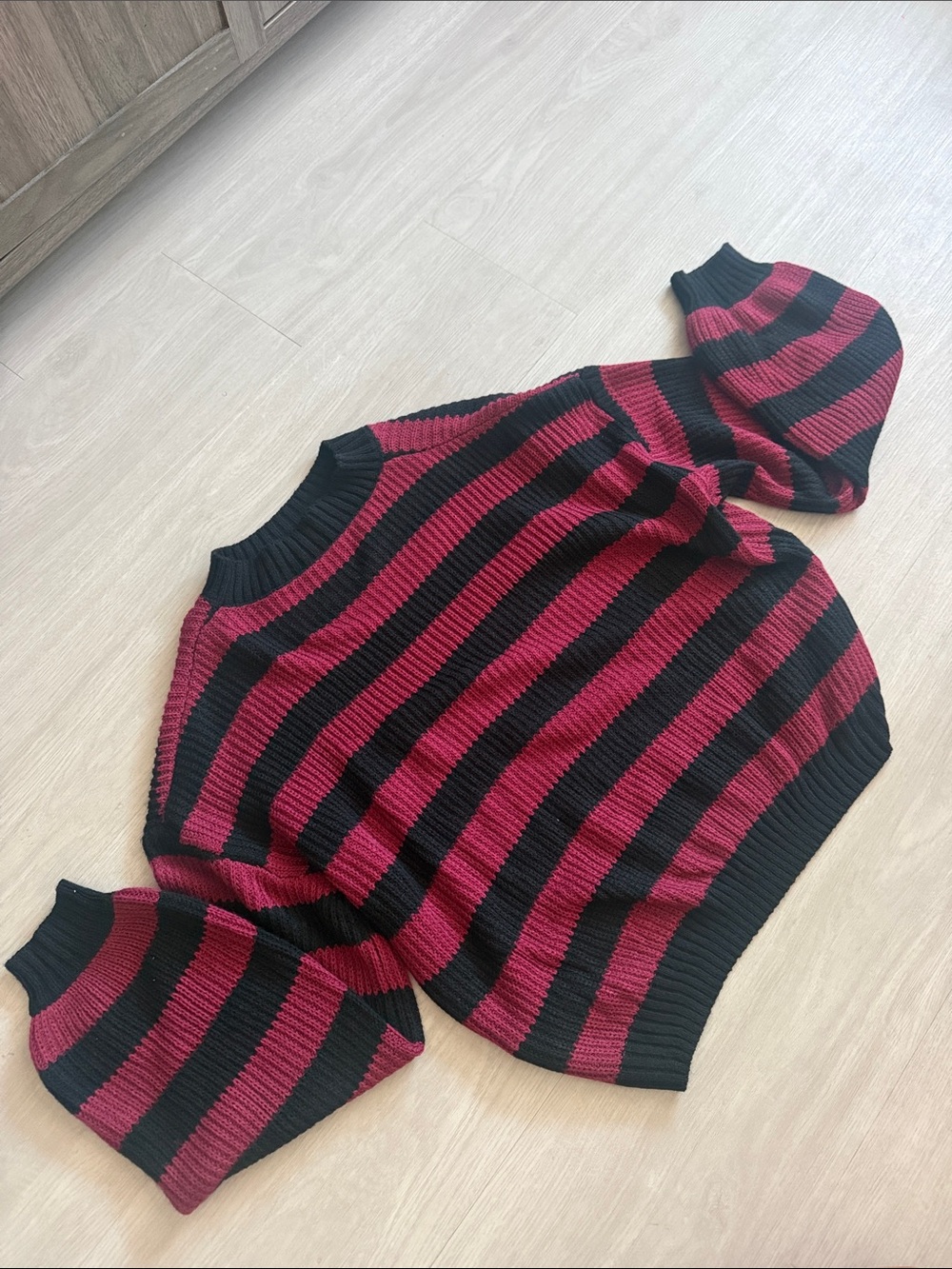 Shein Striped Black and Burgundy Ribbed Knit Sweater - Women